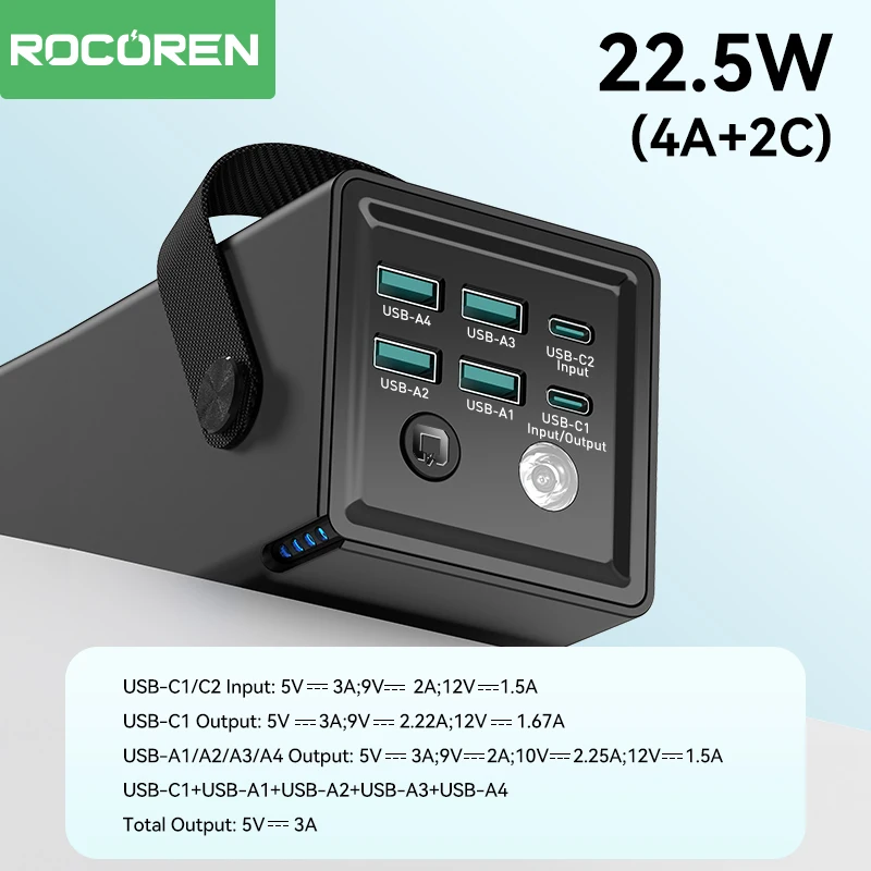 Rocoren-50,000mAh-22.5W-Power-Bank-With-Fast-Charging-6-Ports-USB-+-Type-C-Powerbank-With-Flashlight